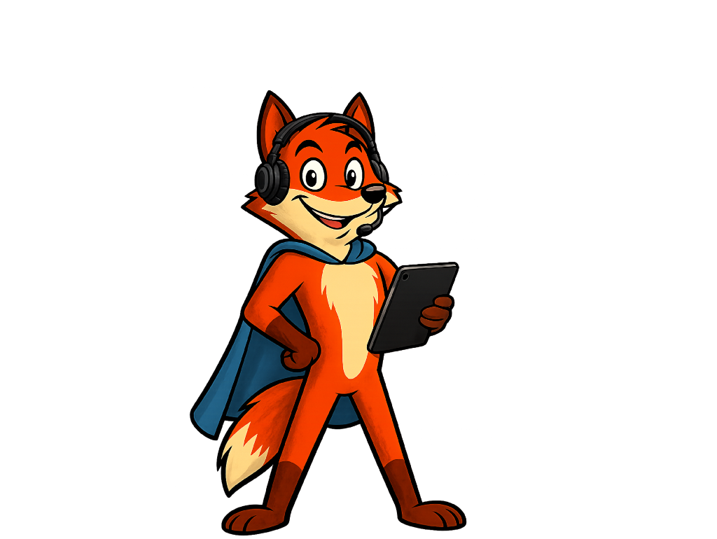 Der Claimfuchs im Comicstil mit Headset und Tablet