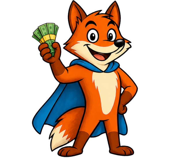 Unser Fuchs mit einem Bündel Geldscheinen in der Hand